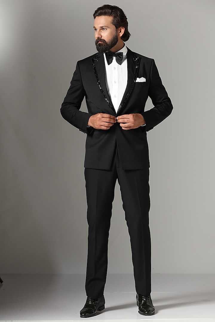 Black Poly Wool Cutdana Embroidered Tuxedo Set by BRAHAAN at Pernia's Pop Up Shop