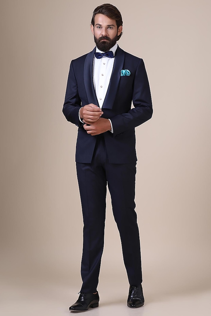 Navy Blue Poly Wool Textured Tuxedo Set by BRAHAAN at Pernia's Pop Up Shop