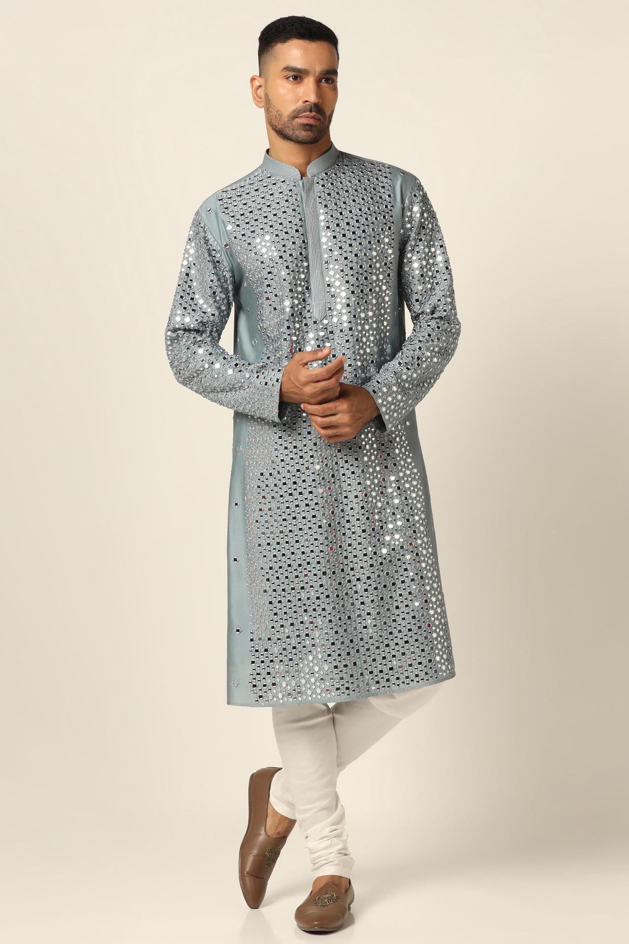 Grey Chanderi Silk Mirror Embroidered Kurta Set by BRAHAAN at Pernia's Pop Up Shop