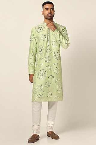 Green Chanderi Silk Mirror Embroidered Kurta Set by BRAHAAN