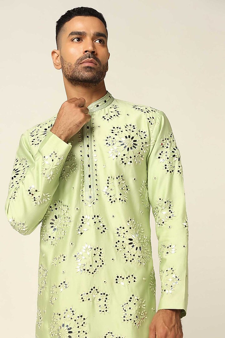 Green Chanderi Silk Mirror Embroidered Kurta Set by BRAHAAN at Pernia's Pop Up Shop