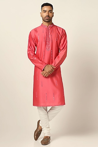 Peach Chanderi Silk Mirror Embroidered Kurta Set by BRAHAAN