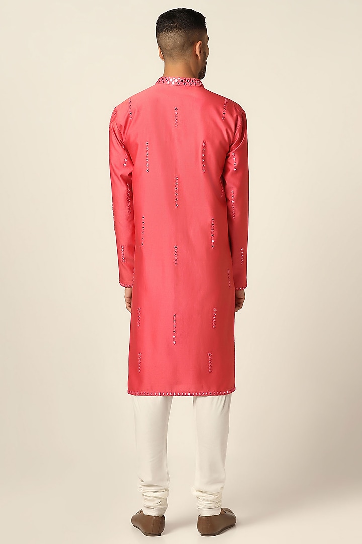 Peach Chanderi Silk Mirror Embroidered Kurta Set by BRAHAAN at Pernia's Pop Up Shop