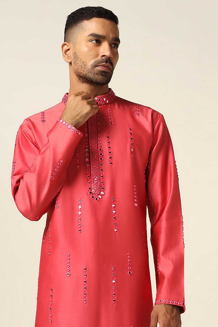 Peach Chanderi Silk Mirror Embroidered Kurta Set by BRAHAAN at Pernia's Pop Up Shop