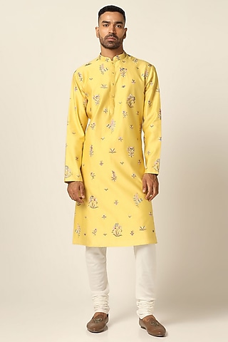 Yellow Chanderi Silk Thread Embroidered Kurta Set by BRAHAAN