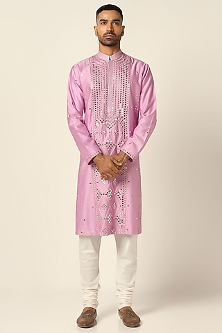 Pink Chanderi Silk Mirror Embroidered Kurta Set by BRAHAAN