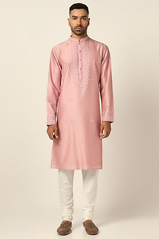 Pink Chanderi Silk Thread Embroidered Kurta Set by BRAHAAN
