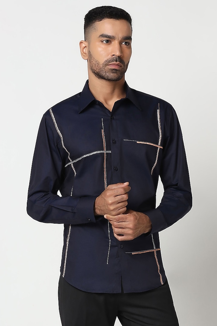 Navy Blue Giza Cotton Shirt by BRAHAAN at Pernia's Pop Up Shop