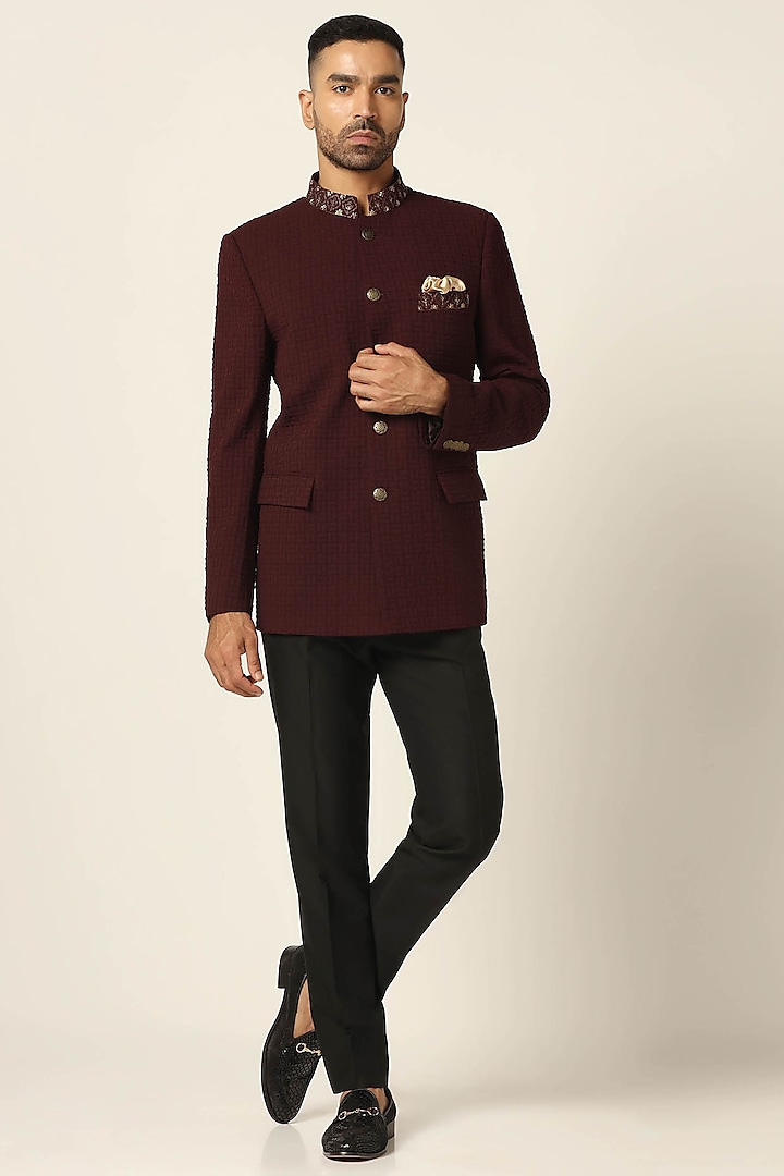 Maroon Silk Jacquard Embroidred Bandhgala Set by BRAHAAN