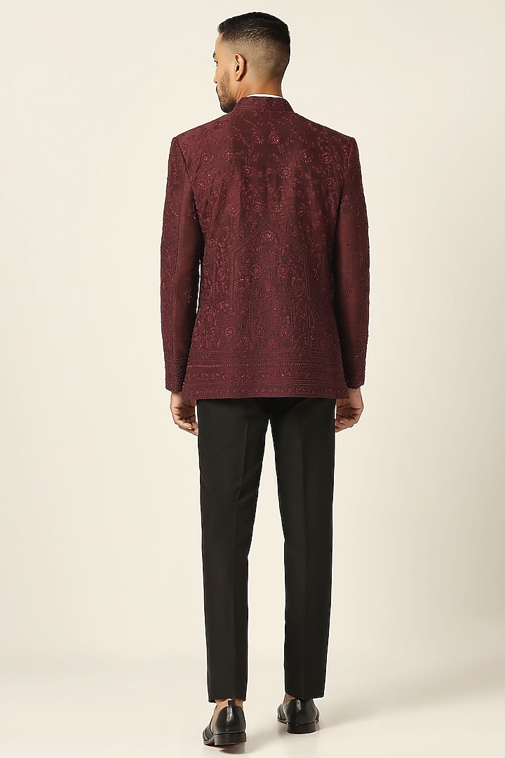 Wine Raw Silk Embroidered Wedding Bandhgala Set by BRAHAAN at Pernia's Pop Up Shop