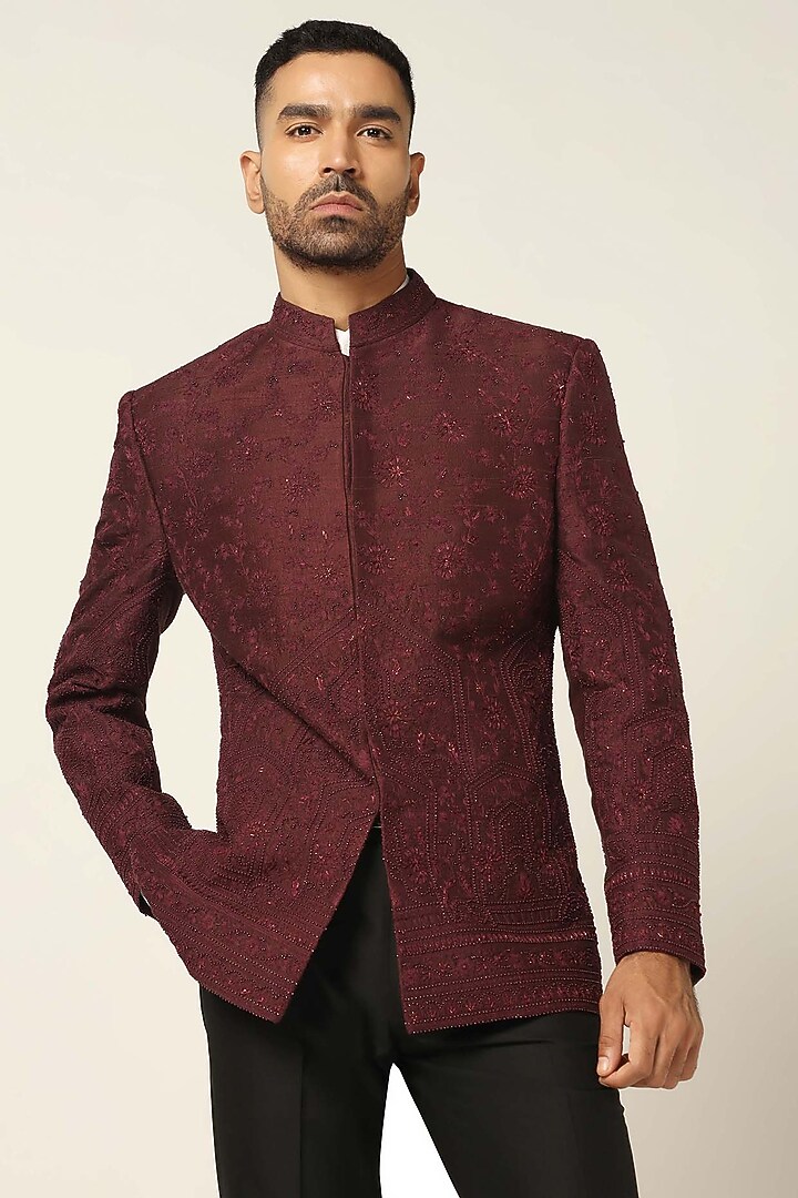 Wine Raw Silk Embroidered Wedding Bandhgala Set by BRAHAAN at Pernia's Pop Up Shop