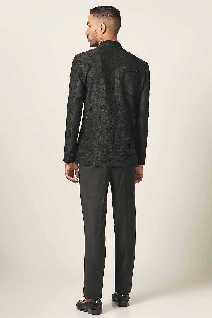 Black Raw Silk Embroidered Wedding Bandhgala Set by BRAHAAN at Pernia's Pop Up Shop