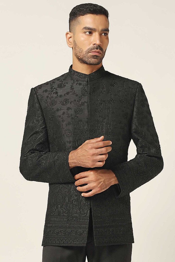 Black Raw Silk Embroidered Wedding Bandhgala Set by BRAHAAN at Pernia's Pop Up Shop