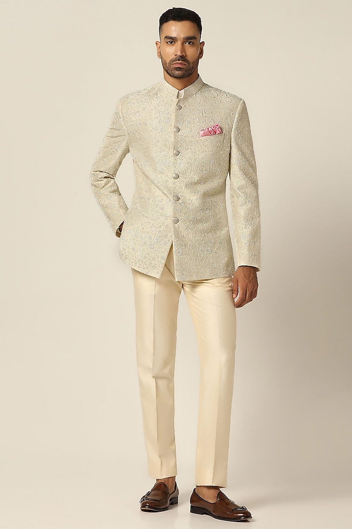 Off-White Raw Silk Embroidered Bandghala Set by BRAHAAN