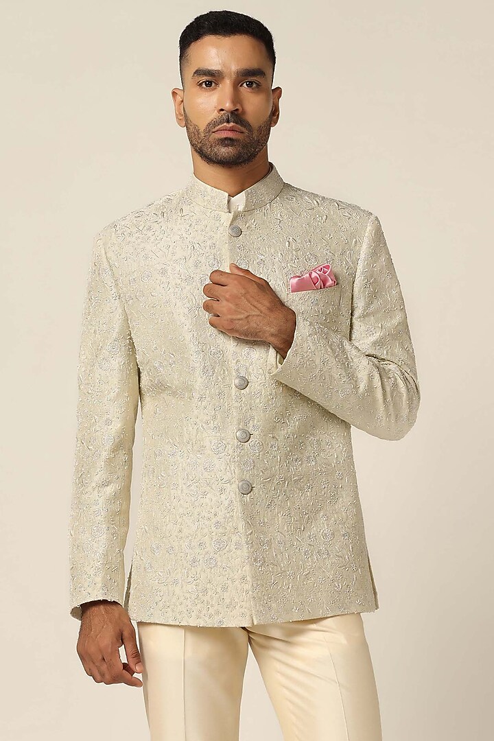 Off-White Raw Silk Embroidered Bandghala Set by BRAHAAN at Pernia's Pop Up Shop