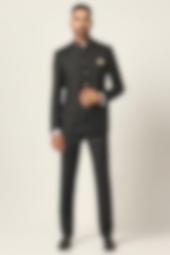 Black Wool Jacquard Wedding Bandhgala Set by BRAHAAN at Pernia's Pop Up Shop