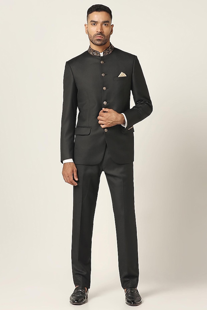 Black Wool Jacquard Wedding Bandhgala Set by BRAHAAN at Pernia's Pop Up Shop