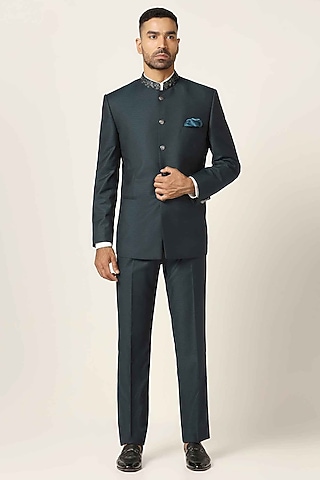 Teal Blue Wool Blend Bandghala Set by BRAHAAN