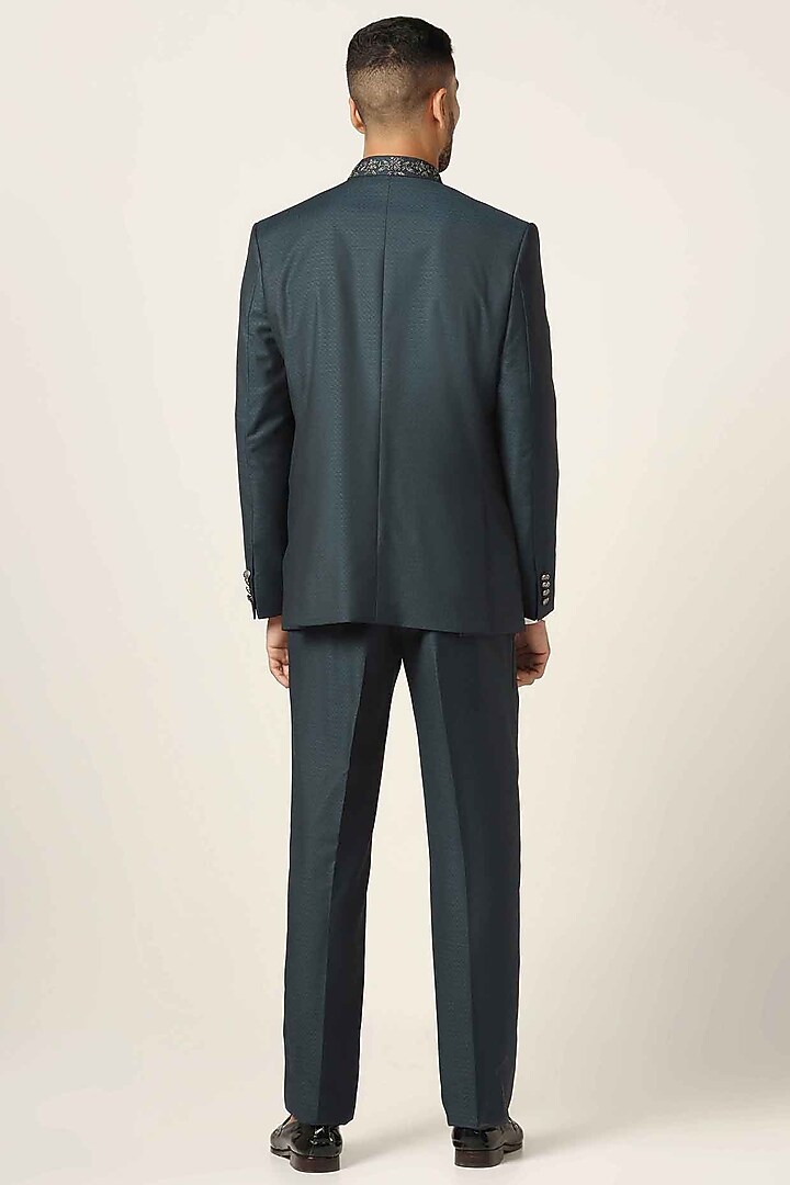 Teal Blue Wool Blend Bandghala Set by BRAHAAN at Pernia's Pop Up Shop
