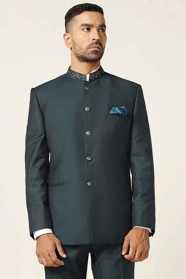 Teal Blue Wool Blend Bandghala Set by BRAHAAN at Pernia's Pop Up Shop