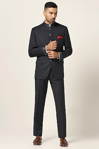 Navy Wool Blend Bandhgala Set by BRAHAAN