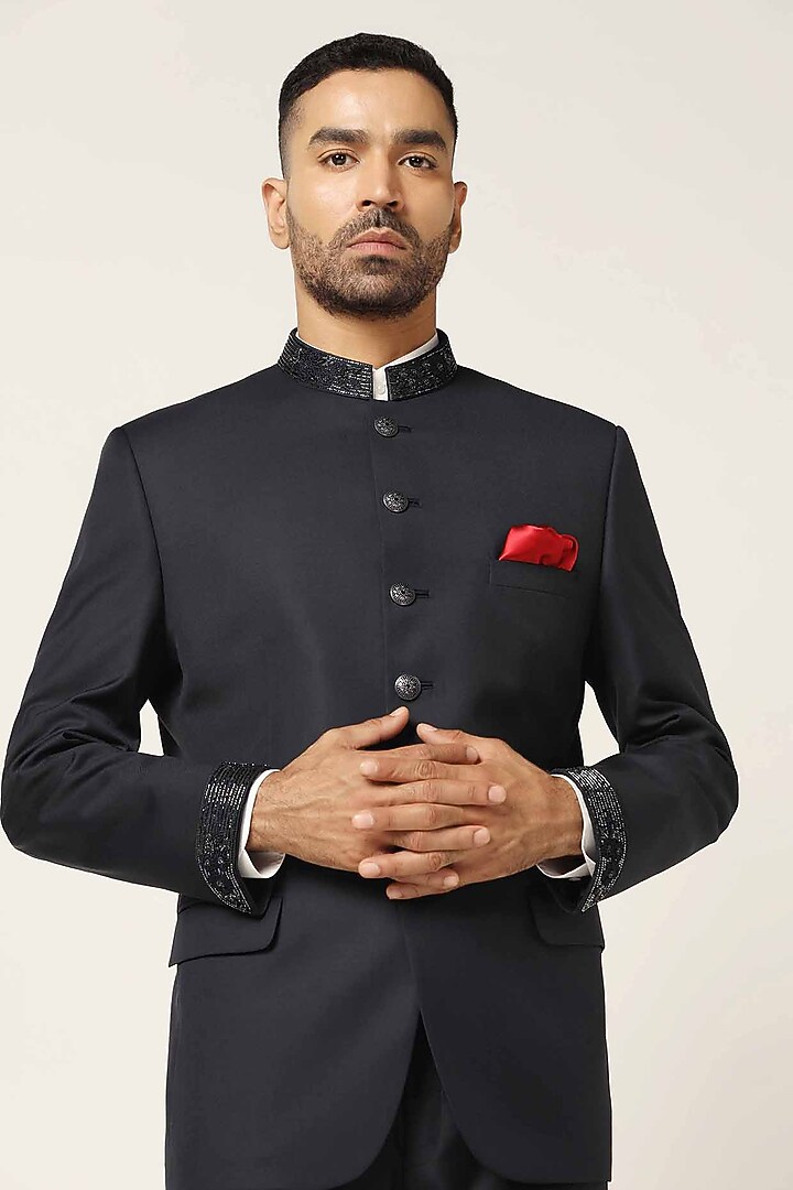Navy Wool Blend Wedding Bandhgala Set by BRAHAAN at Pernia's Pop Up Shop