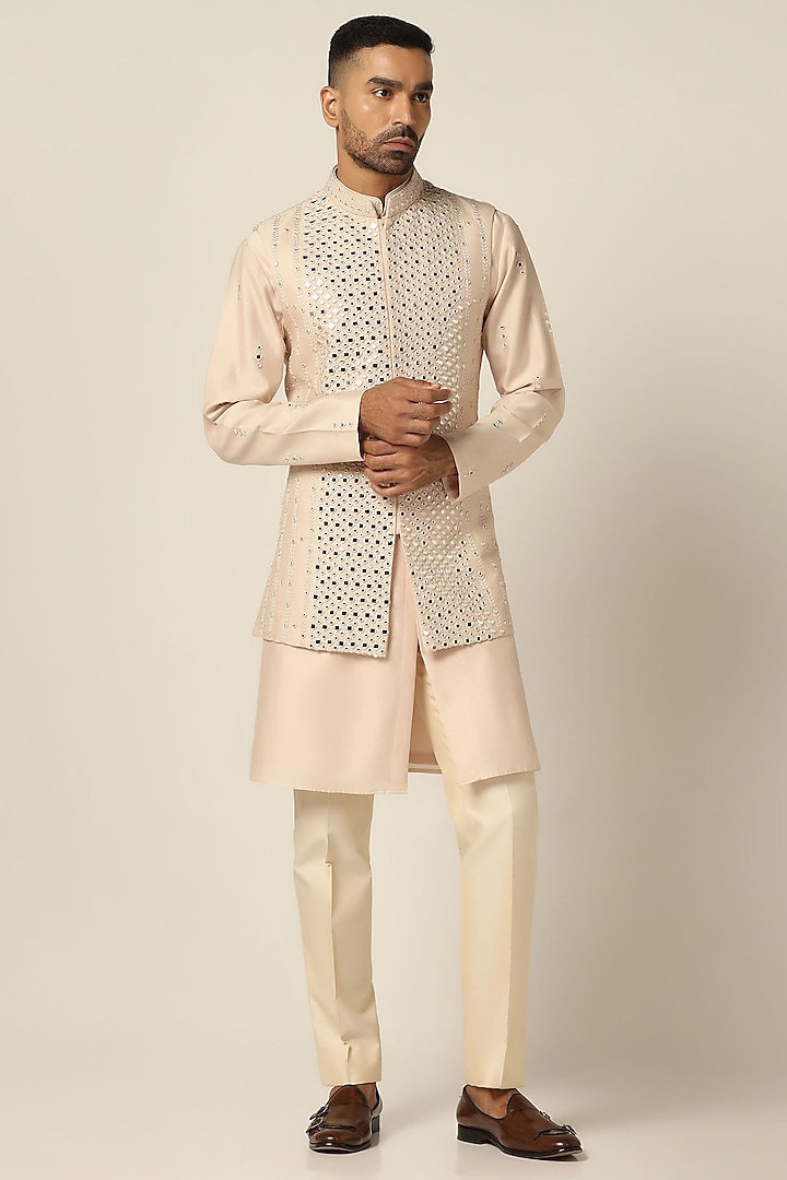 Peach Chanderi Silk Mirror Embroidered Nehru Jacket Set by BRAHAAN