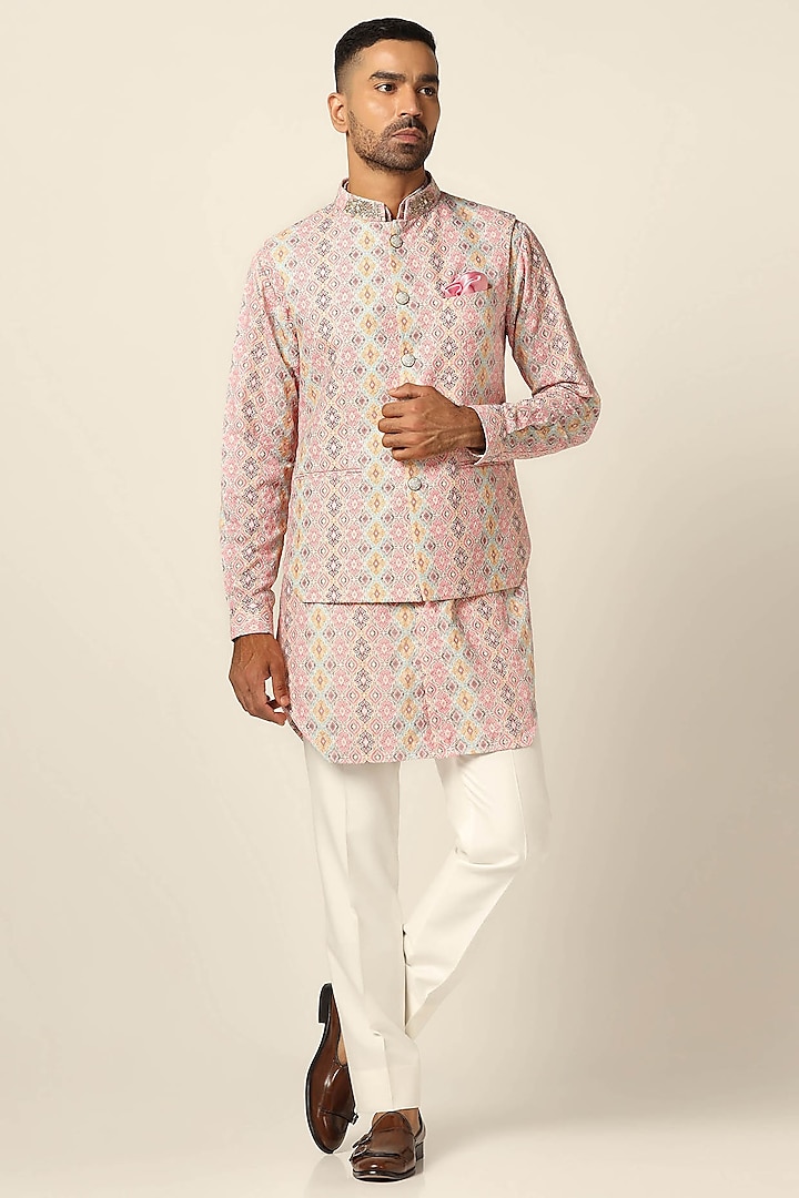 Multi-Colored Chanderi Silk Geometric Printed Nehru Jacket Set by BRAHAAN