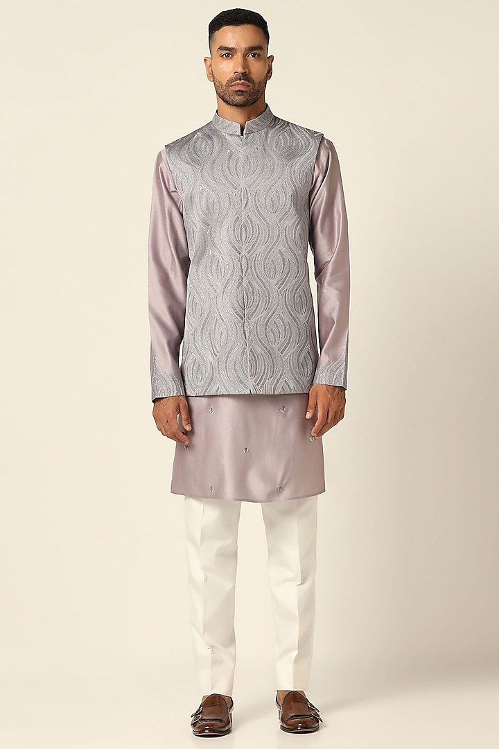Grey Fine Silk Thread Embroidered Nehru Jacket Set by BRAHAAN