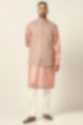 Peach Fine Silk Thread Embroidered Nehru Jacket Set by BRAHAAN