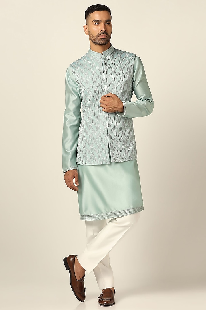 Mint Green Fine Silk Thread Embroidered Nehru Jacket Set by BRAHAAN