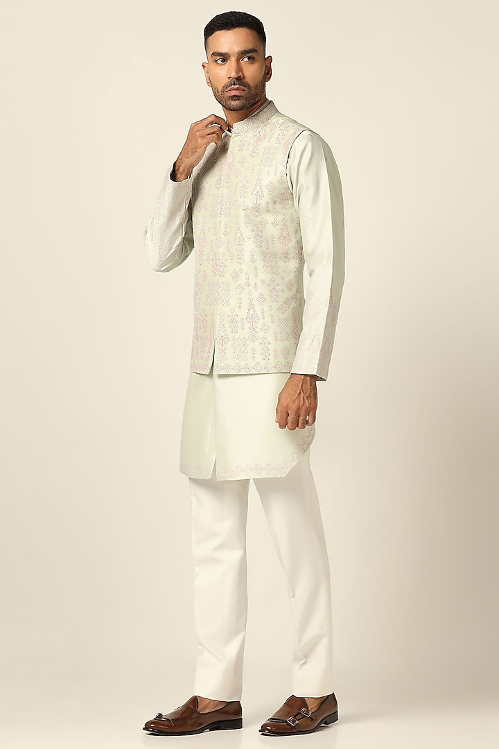 Green Raw Silk Thread Embroidered Nehru Jacket Set by BRAHAAN