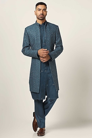 Teal Blue Silk Thread Embroidered Indowestern Set by BRAHAAN