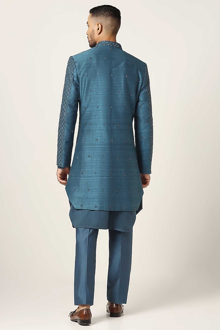 Teal Blue Silk Thread Embroidered Wedding Indowestern Set by BRAHAAN at Pernia's Pop Up Shop