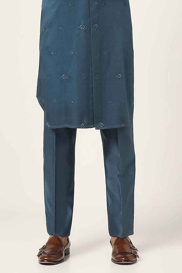 Teal Blue Silk Thread Embroidered Wedding Indowestern Set by BRAHAAN at Pernia's Pop Up Shop