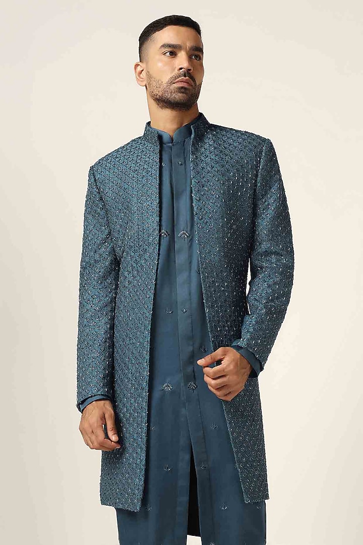 Teal Blue Silk Thread Embroidered Wedding Indowestern Set by BRAHAAN at Pernia's Pop Up Shop