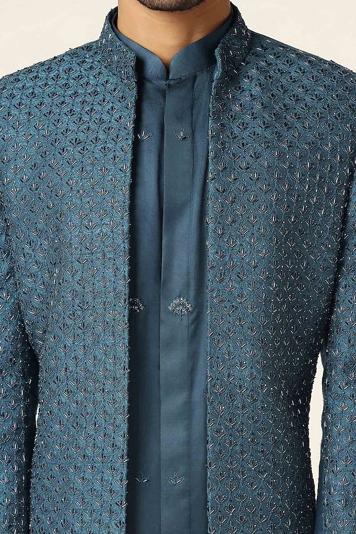 Teal Blue Silk Thread Embroidered Wedding Indowestern Set by BRAHAAN at Pernia's Pop Up Shop