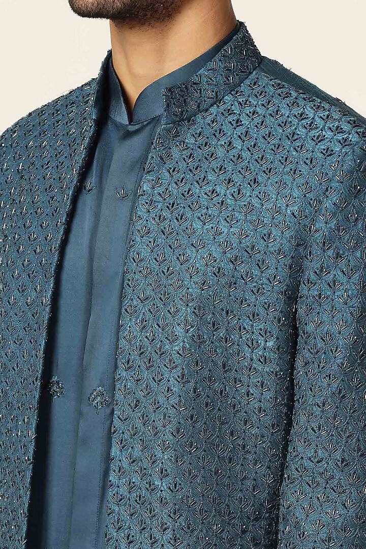 Teal Blue Silk Thread Embroidered Wedding Indowestern Set by BRAHAAN at Pernia's Pop Up Shop