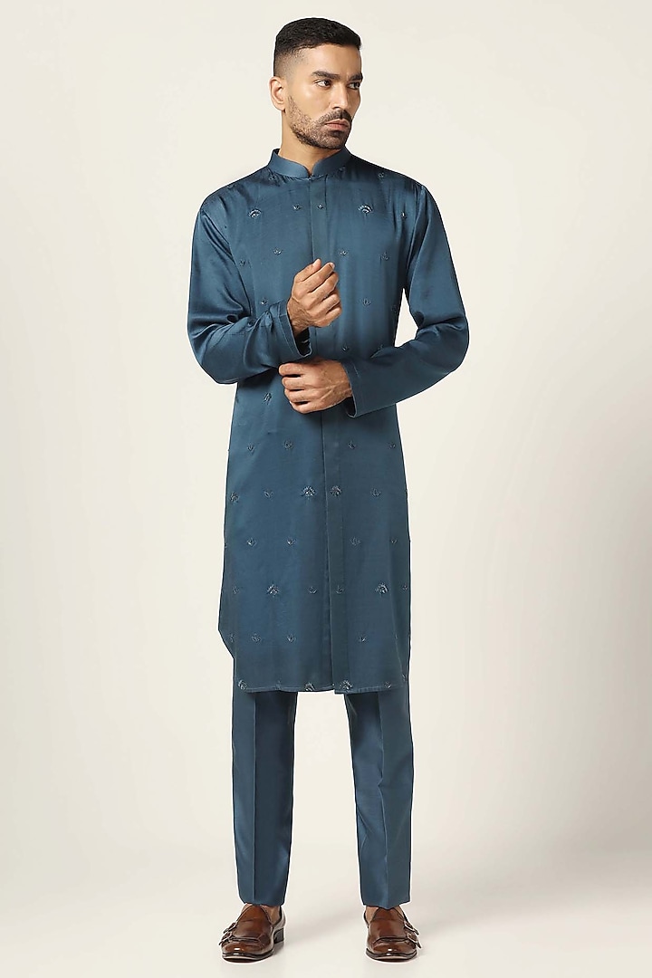Teal Blue Silk Thread Embroidered Wedding Indowestern Set by BRAHAAN at Pernia's Pop Up Shop