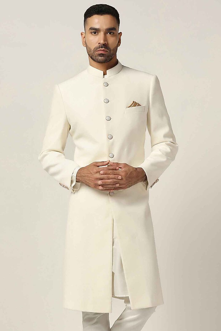 Off-White Cotton Velvet Wedding Indowestern Set by BRAHAAN at Pernia's Pop Up Shop