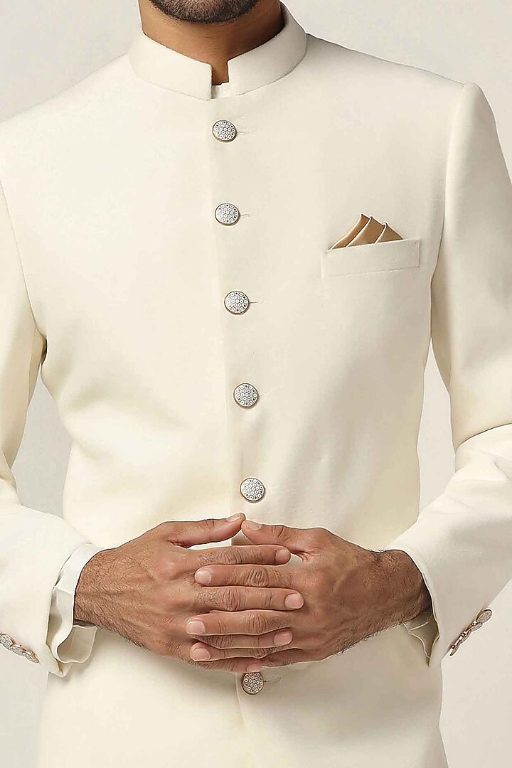 Off-White Cotton Velvet Wedding Indowestern Set by BRAHAAN at Pernia's Pop Up Shop