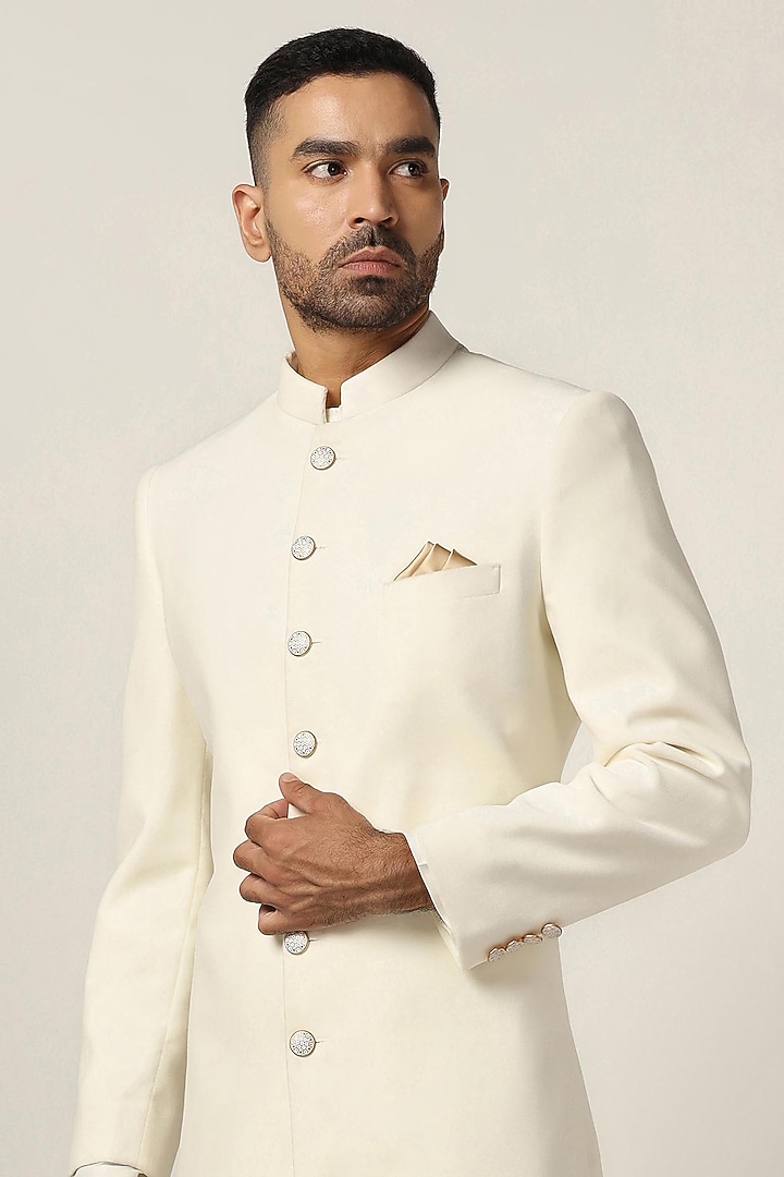 Off-White Cotton Velvet Wedding Indowestern Set by BRAHAAN at Pernia's Pop Up Shop