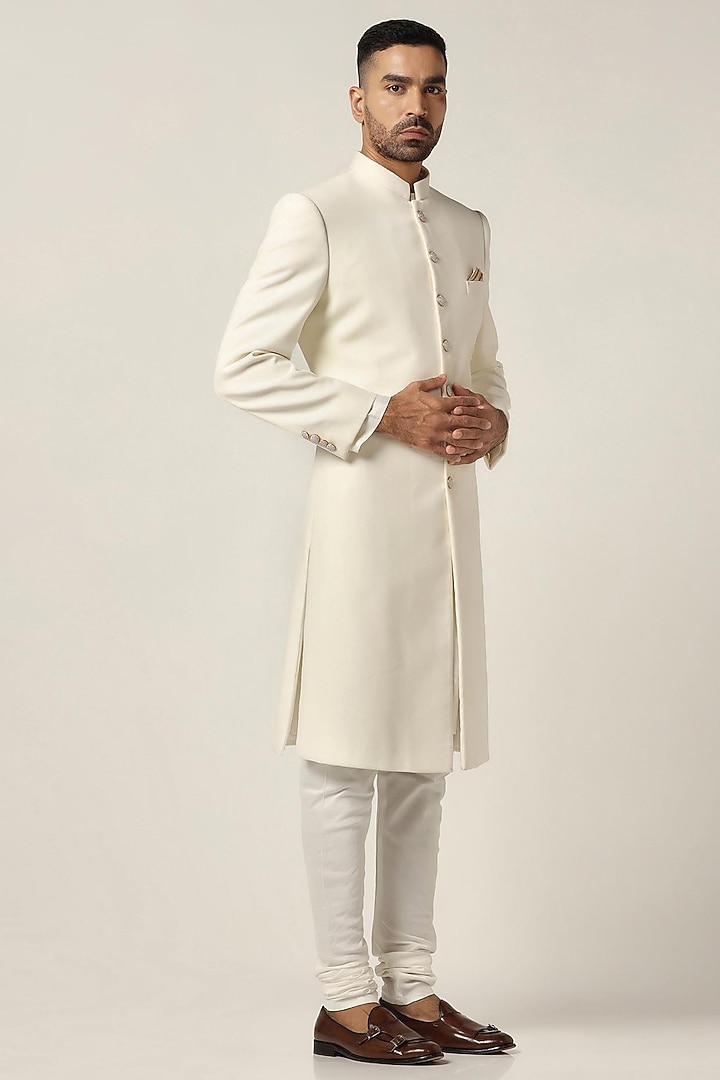 Off-White Cotton Velvet Wedding Indowestern Set by BRAHAAN at Pernia's Pop Up Shop