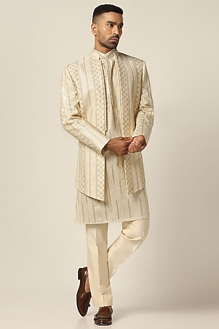 Beige Silk Jacquard Thread Embroidered Indowestern Set by BRAHAAN