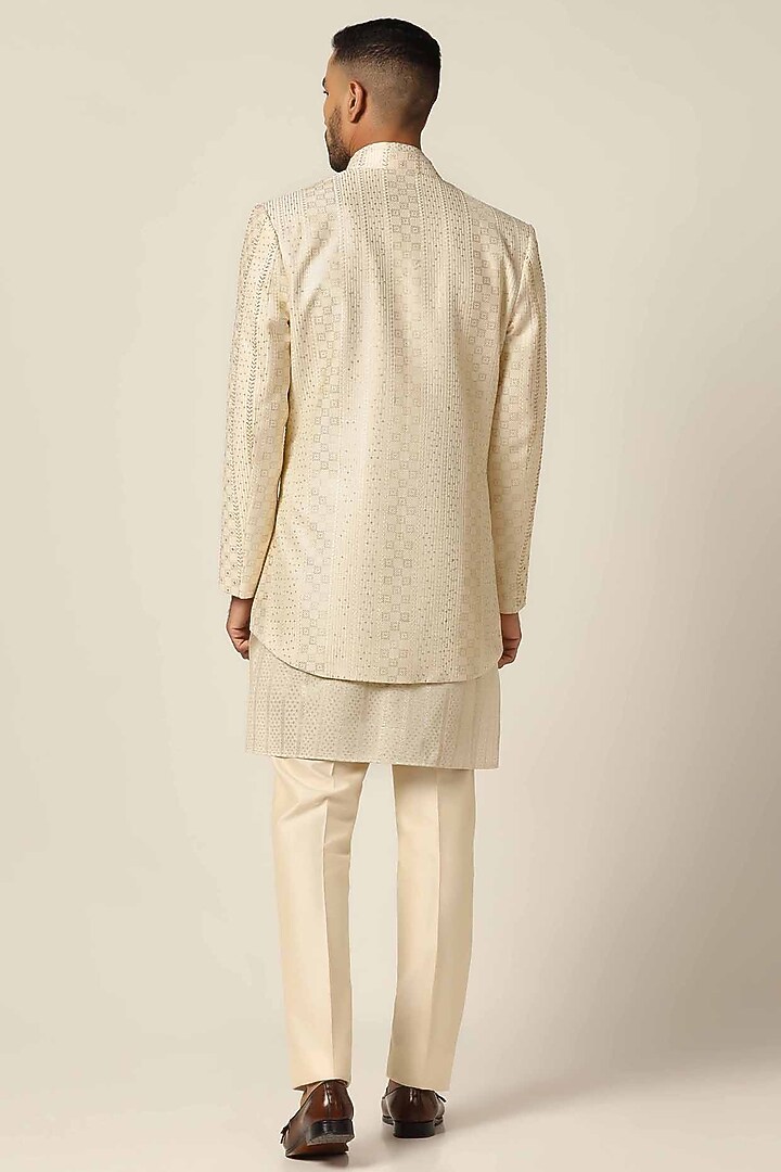 Beige Silk Jacquard Thread Embroidered Wedding Indowestern Set by BRAHAAN at Pernia's Pop Up Shop