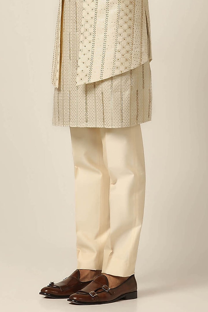 Beige Silk Jacquard Thread Embroidered Wedding Indowestern Set by BRAHAAN at Pernia's Pop Up Shop