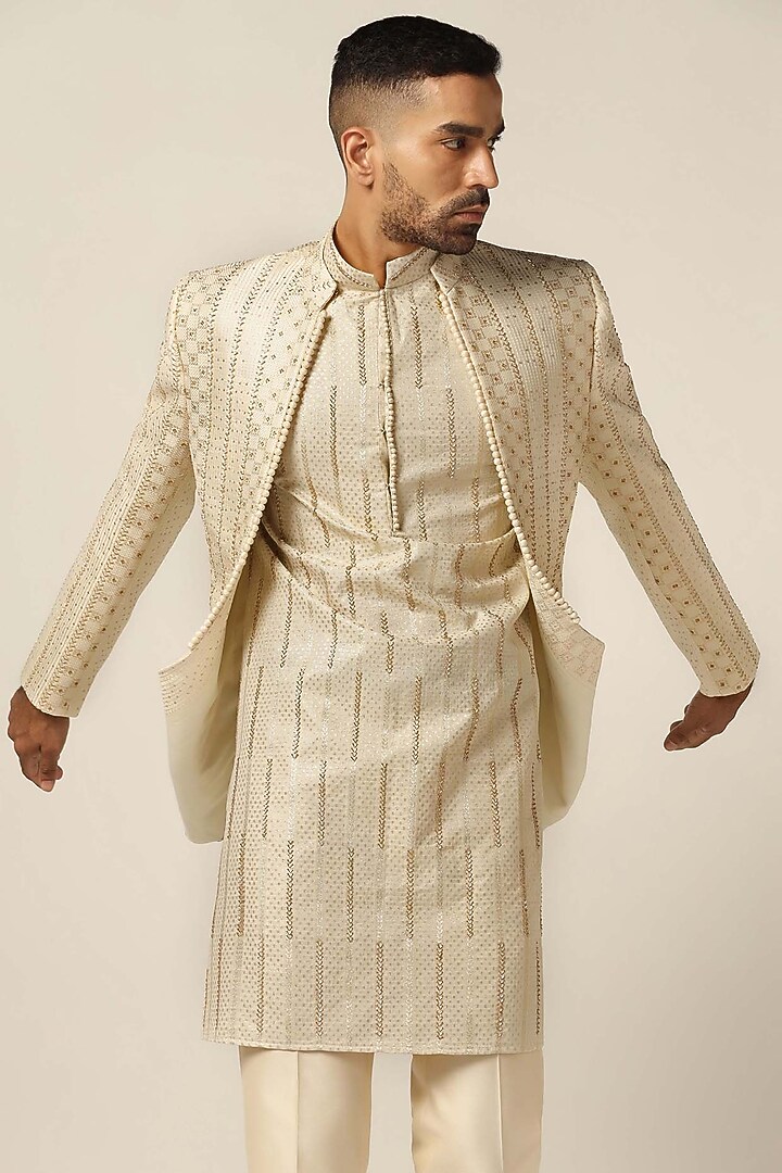 Beige Silk Jacquard Thread Embroidered Wedding Indowestern Set by BRAHAAN at Pernia's Pop Up Shop