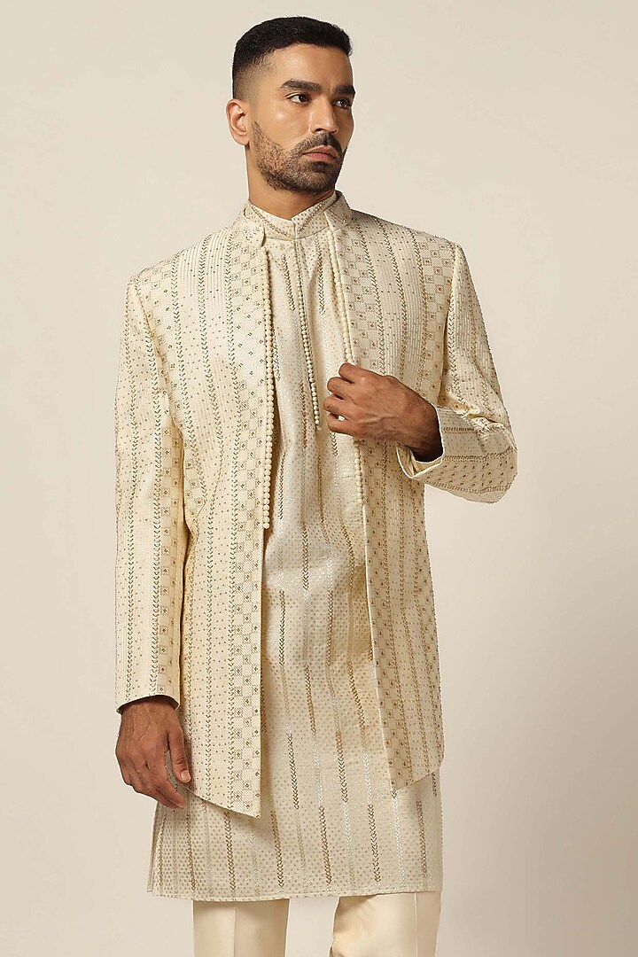 Beige Silk Jacquard Thread Embroidered Wedding Indowestern Set by BRAHAAN at Pernia's Pop Up Shop