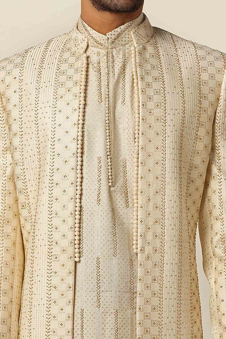 Beige Silk Jacquard Thread Embroidered Wedding Indowestern Set by BRAHAAN at Pernia's Pop Up Shop