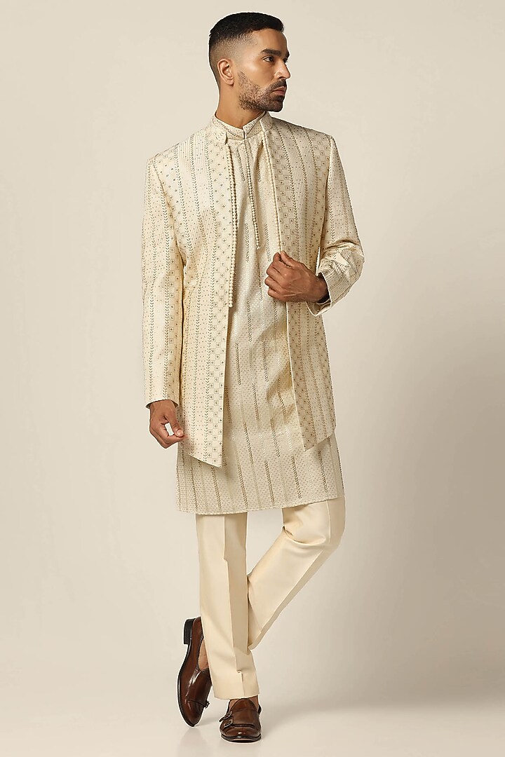 Beige Silk Jacquard Thread Embroidered Wedding Indowestern Set by BRAHAAN at Pernia's Pop Up Shop